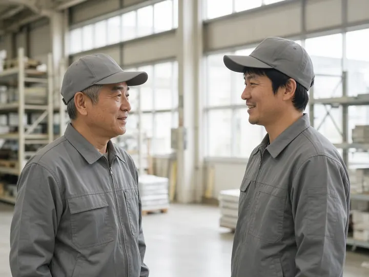 倉庫で50代の男性が若い同僚から荷物の扱い方を教わっているイメージ写真