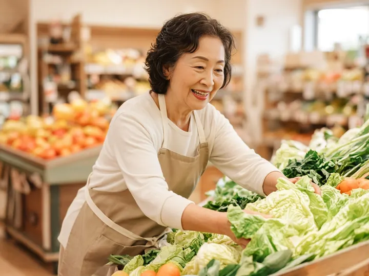 スーパーの青果売り場で、60代の女性が野菜をならべているイメージ写真