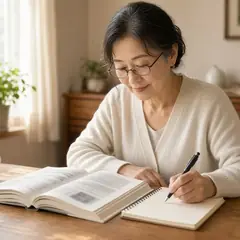自宅のテーブルで、50代の女性がテキストを開いて勉強しているイメージ写真