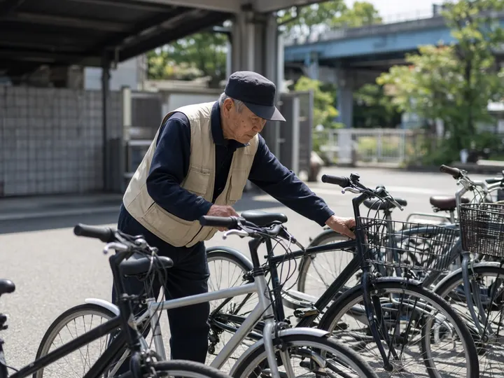 駅前の駐輪場で、帽子とベスト姿の70代後半の男性が自転車をならべ直しているイメージ写真