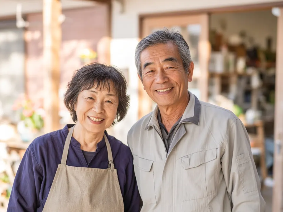 お店の前で笑顔で並ぶ、エプロン姿の60代の女性と作業着姿の60代の男性のイメージ写真