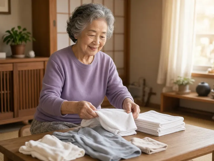 和室の座卓で、70代の女性がタオルや洗濯物をていねいにたたんでいるイメージ写真