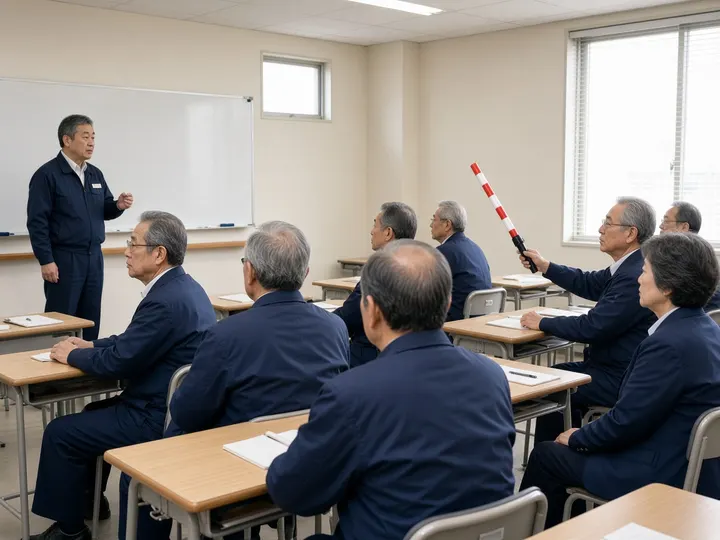 研修室で、50代・60代の新人警備員たちが講師の話を聞き、ひとりが誘導灯の使い方を練習しているイメージ写真