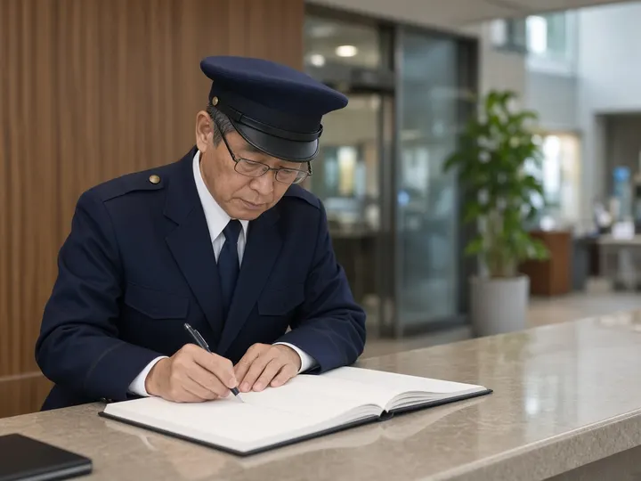 オフィスビルのロビーの受付カウンターで、制服と制帽姿の60代の男性警備員が来館者の記録をつけているイメージ写真