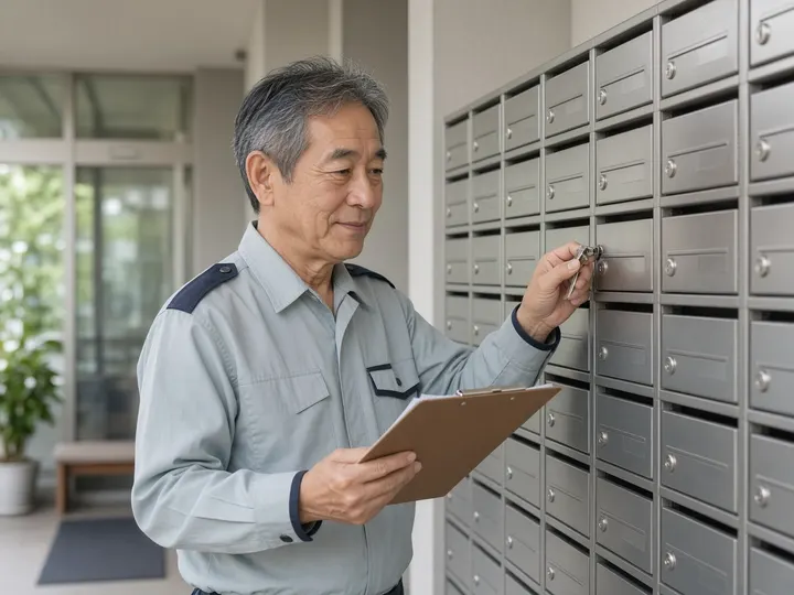 マンションの集合ポストの前で、60代半ばの男性管理員がクリップボードを手に点検しているイメージ写真