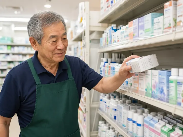 明るいドラッグストアで、エプロン姿の70代の男性が棚に商品をならべているイメージ写真