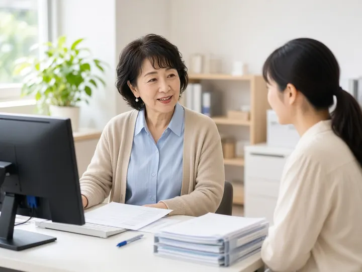 事務所の机で、50代の女性が若い同僚と話しながら仕事をしているイメージ写真