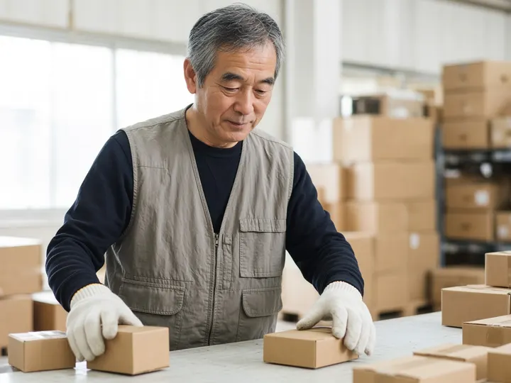 明るい倉庫で、60代前半の男性が段ボール箱の荷物を仕分けしているイメージ写真