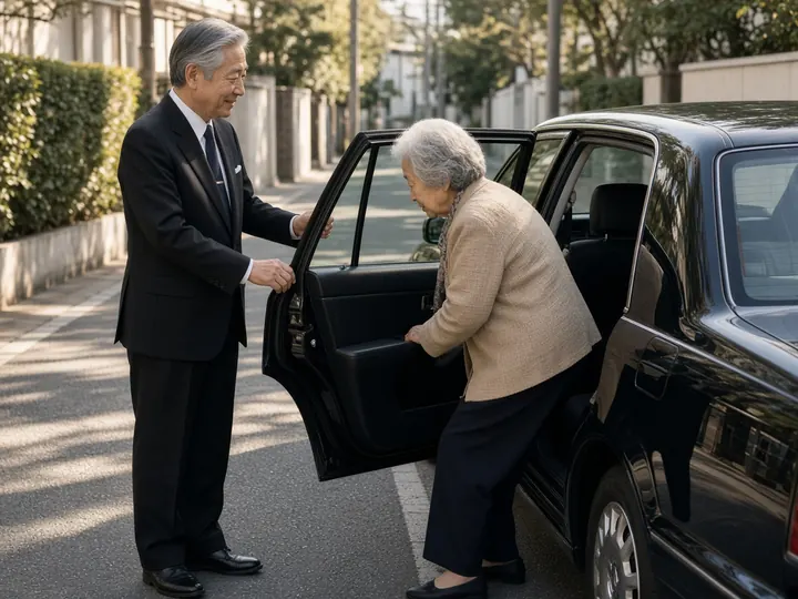 制服を着た60代のタクシー運転手が、ドアを開けて年配の女性のお客さんを笑顔で迎えているイメージ写真
