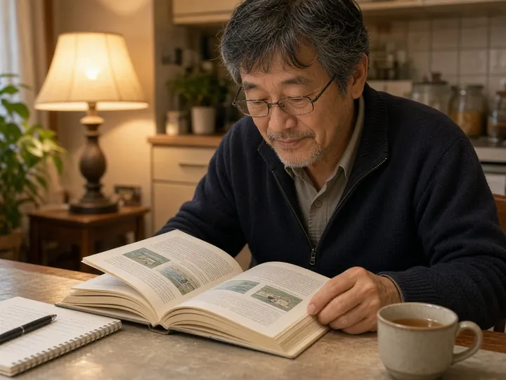 自宅の台所のテーブルで、60代の男性が眼鏡をかけて交通ルールの本を読んでいるイメージ写真