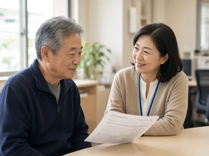 ハローワークのような相談窓口で、60代の男性が職員と求人票を見ながら話しているイメージ写真